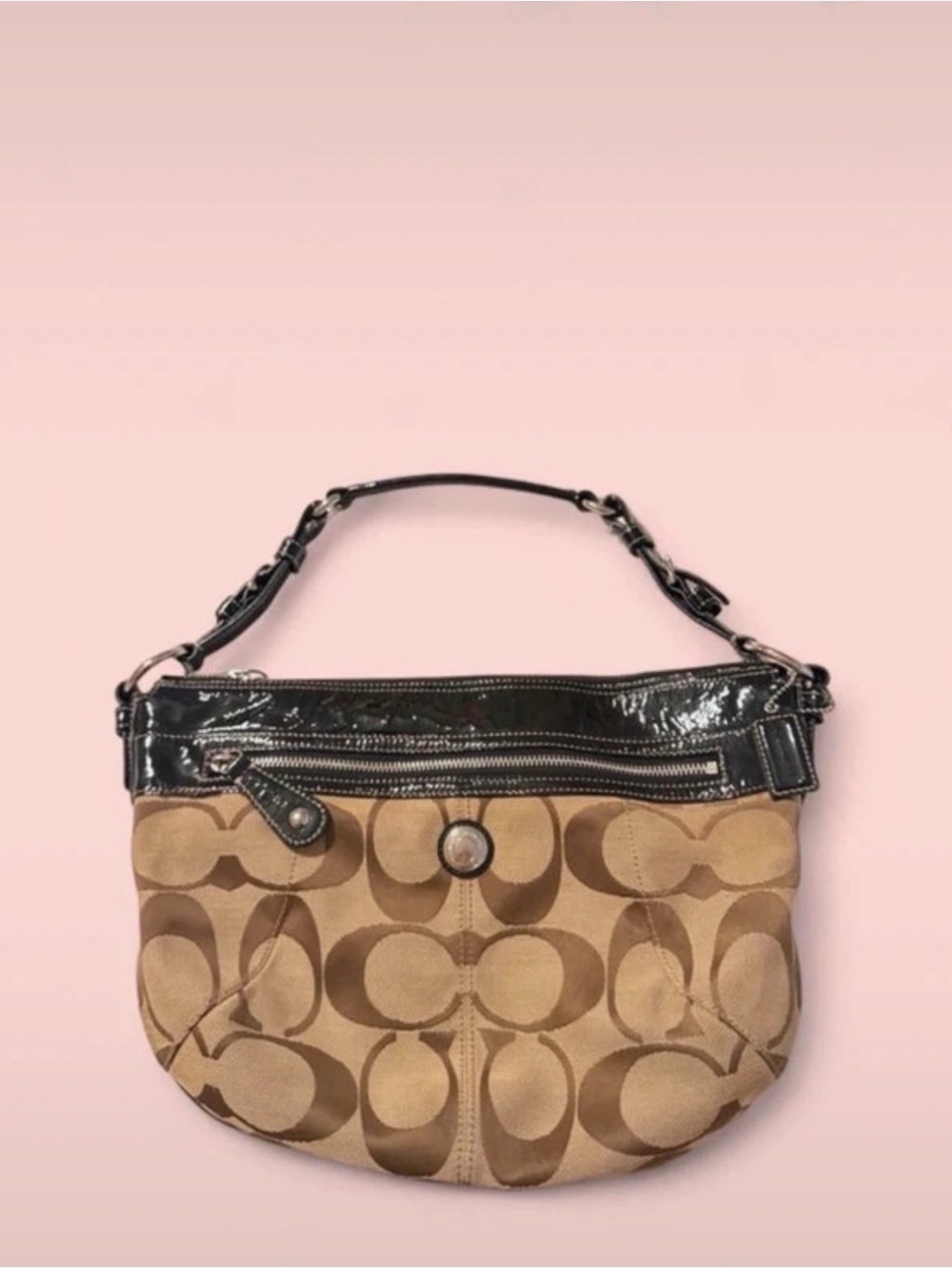 Coach Tan Signature Canvas Shoulder Bag with Brown Patent Trim